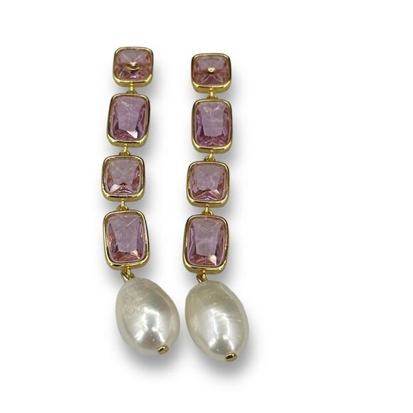 J. Crew Pink Crystal and Pearl Drop Earrings Gold Plated - Picture 3 of 8